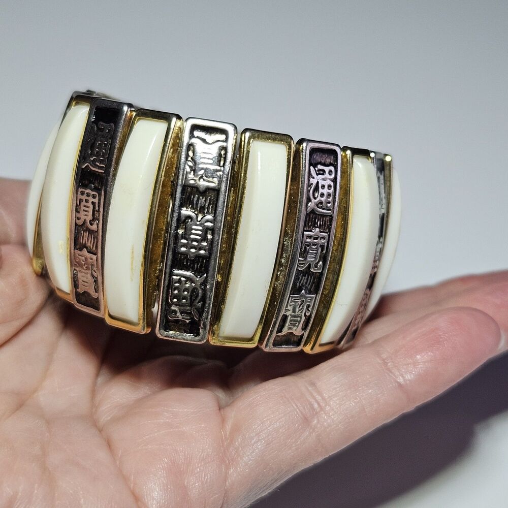 Oriental Wide Stretch Bangle Cuff Bracelet Gold Tone & White Panels Metal